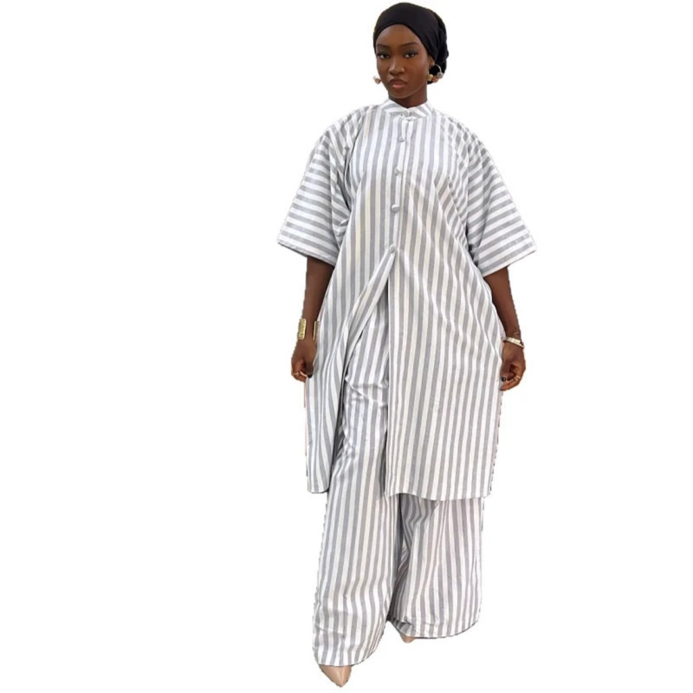ZARA Trendy Loose Long Stripe Shirt African High Waist Casual Pants Set Women